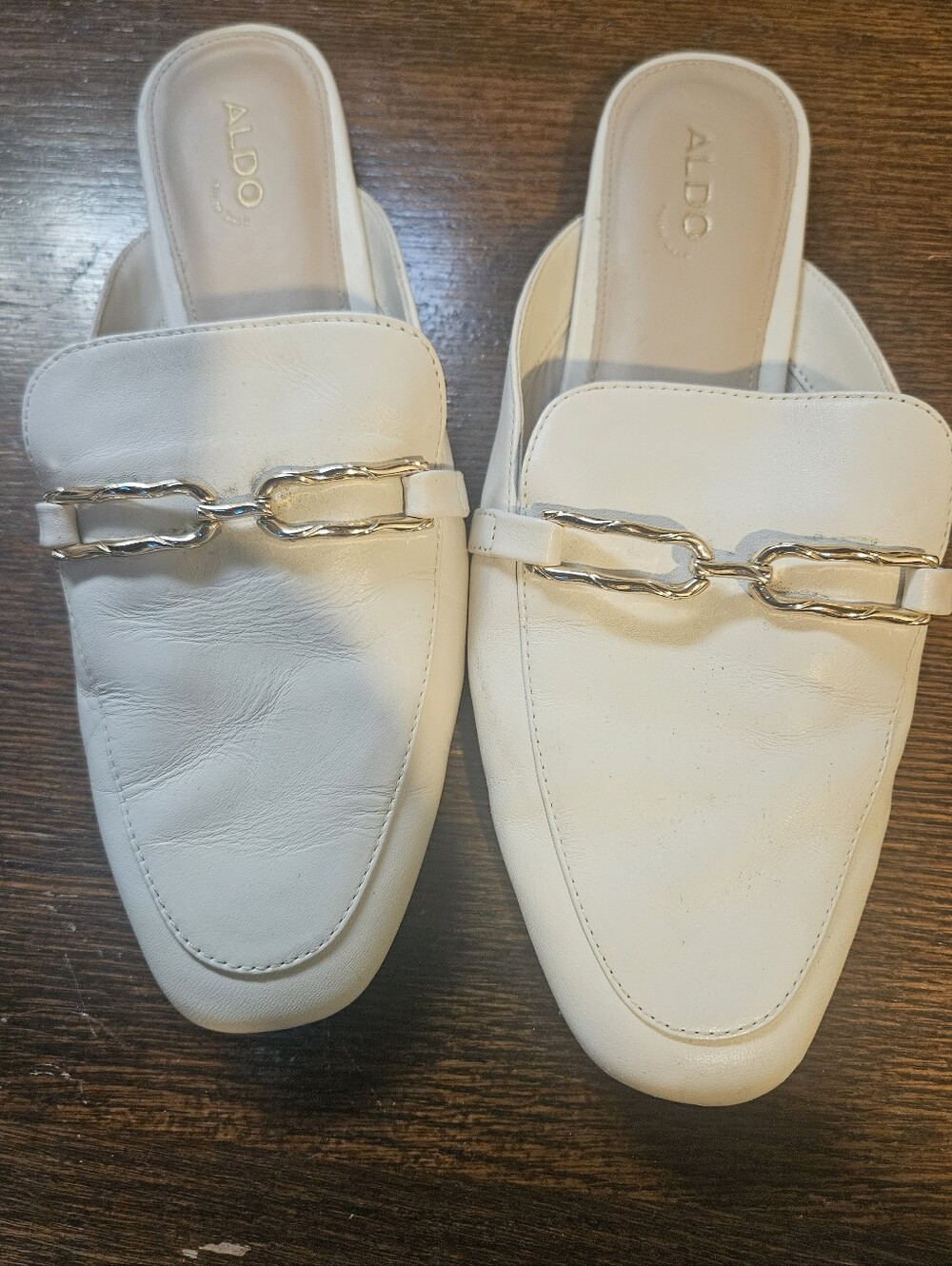 Aldo White Leather Mules Gold Buckle Womens Flats Size 7.5